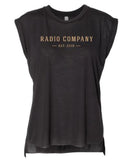 "Radio Company Est. 2018" Women’s Flowy Rolled Cuffs Muscle Tee - Vintage Black